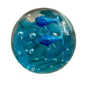 ❌dold❌Art Glass Random Bubbles Paperweight Dolphin Ocean Blue Aqua Clear Ball 3”